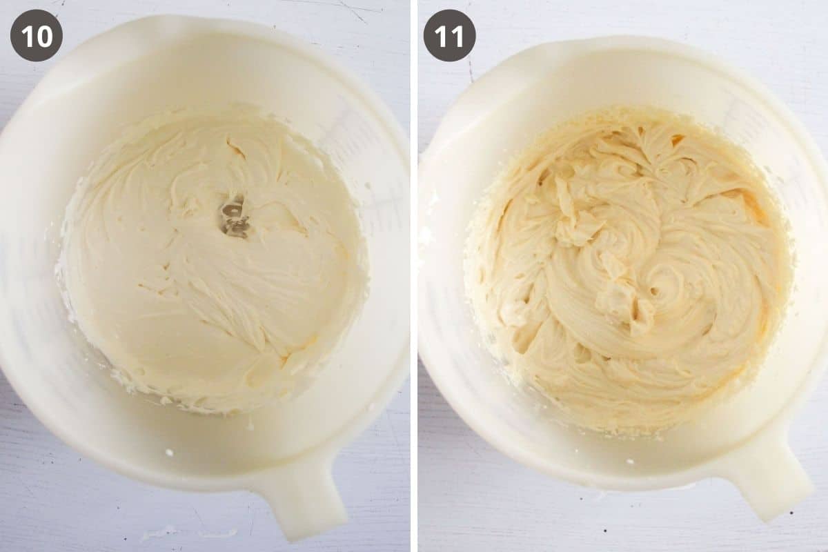 collage of two pictures of making white chocolate frosting in a white bowl.