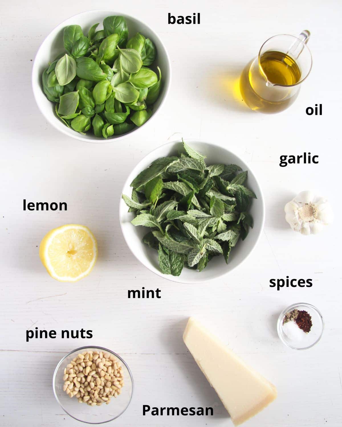 listed ingredients for pesto with basil, mint, pine nuts, parmesan, lemon, garlic, oil.