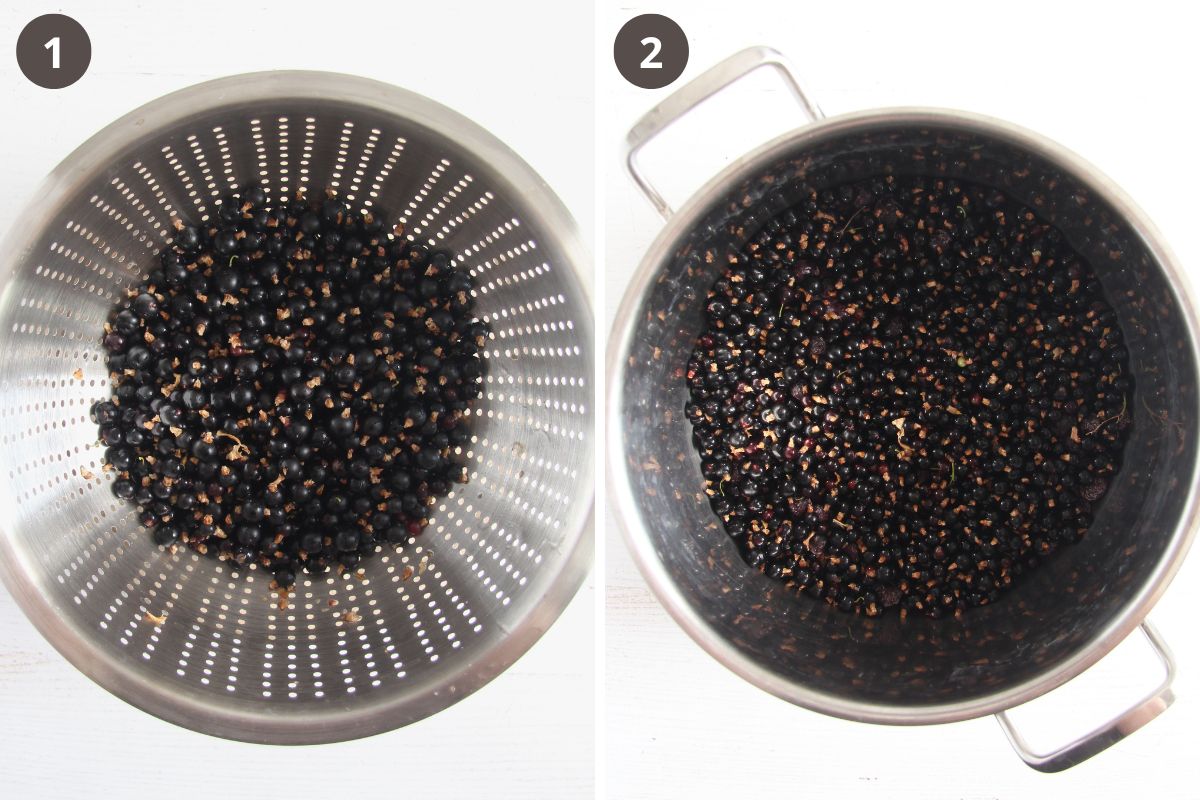 collage of two pictures of black currants in a sieve and then in a pot.