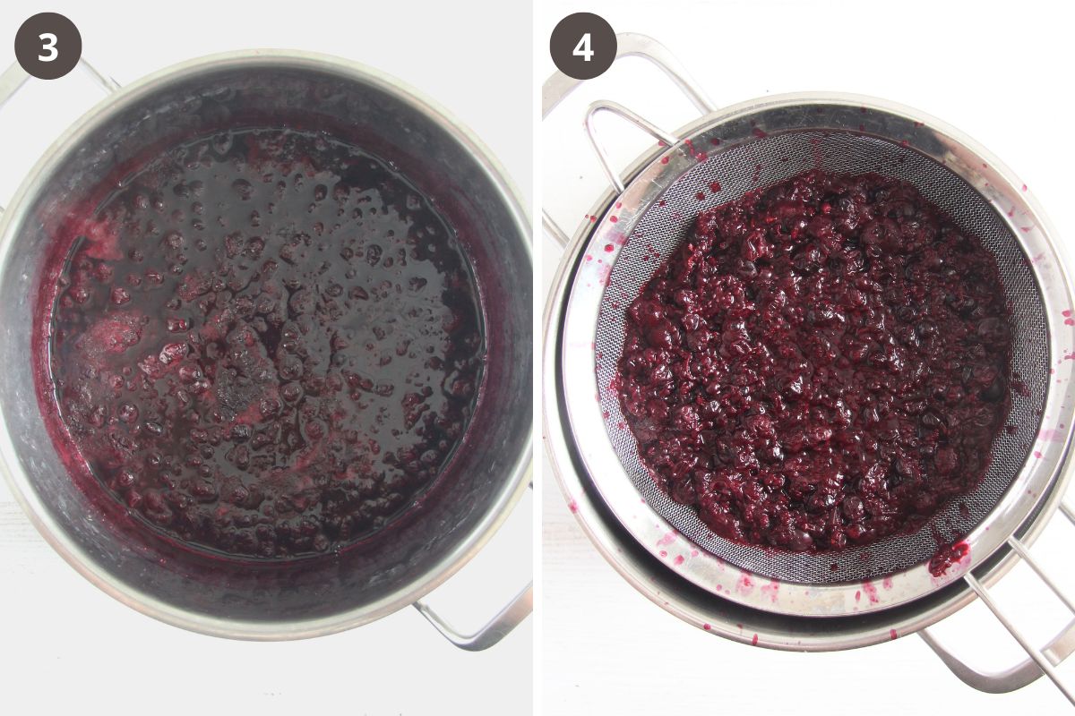 collage of two pictures of cooking and straining berries for making jelly.