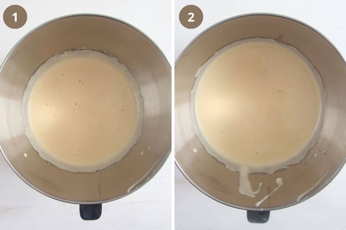 collage of two pictures of mixing batter in a silver bowl.
