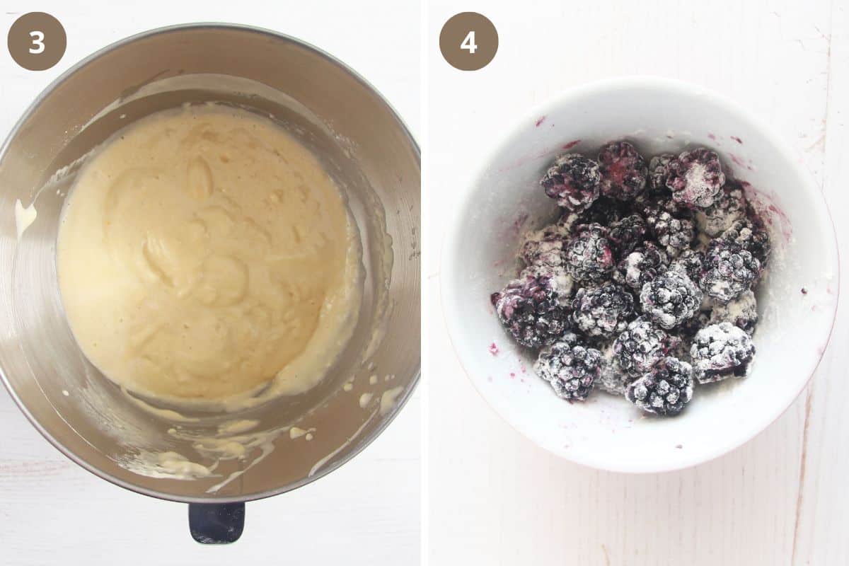 collage of two pictures of cake batter and floured blackberries in a bowl.