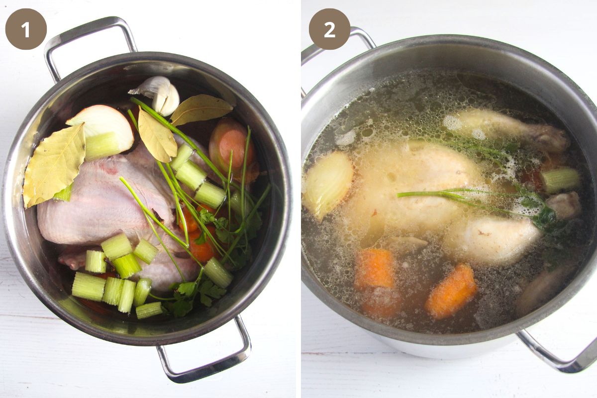 collage of two pictures of whole chicken and vegetable in water before and after cooking.