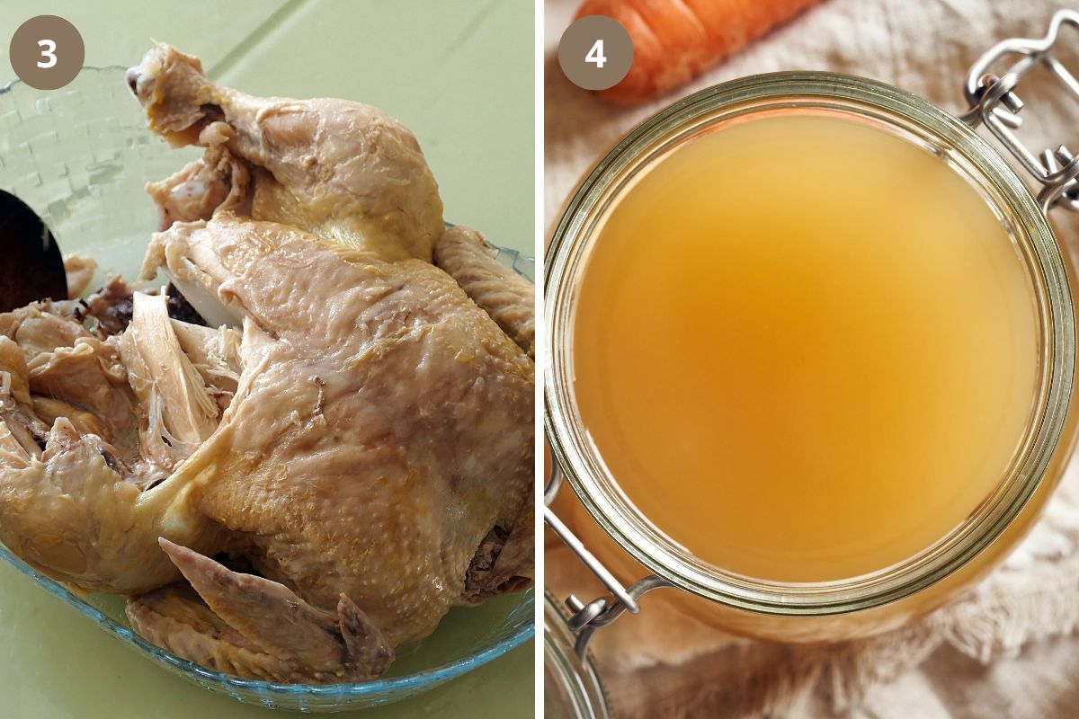 collage of two pictures of boiled chicken and stock in a jar.