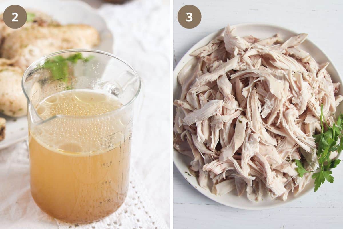 collage of two pictures of a jar of broth and shredded chicken on a plate.