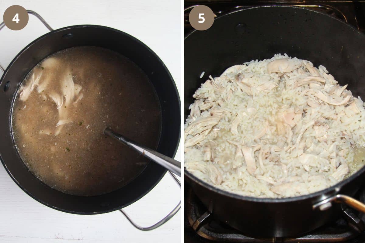 collage of two pictures of broth in a pot and rice and chicken in a pan.
