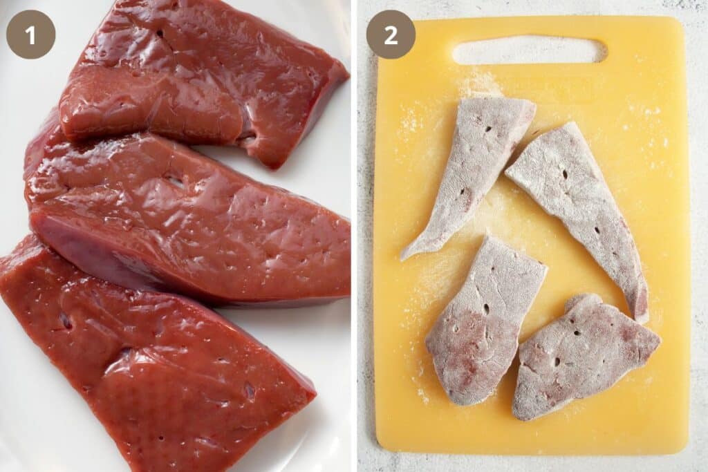 collage of two pictures of raw veal liver before and after flouring.