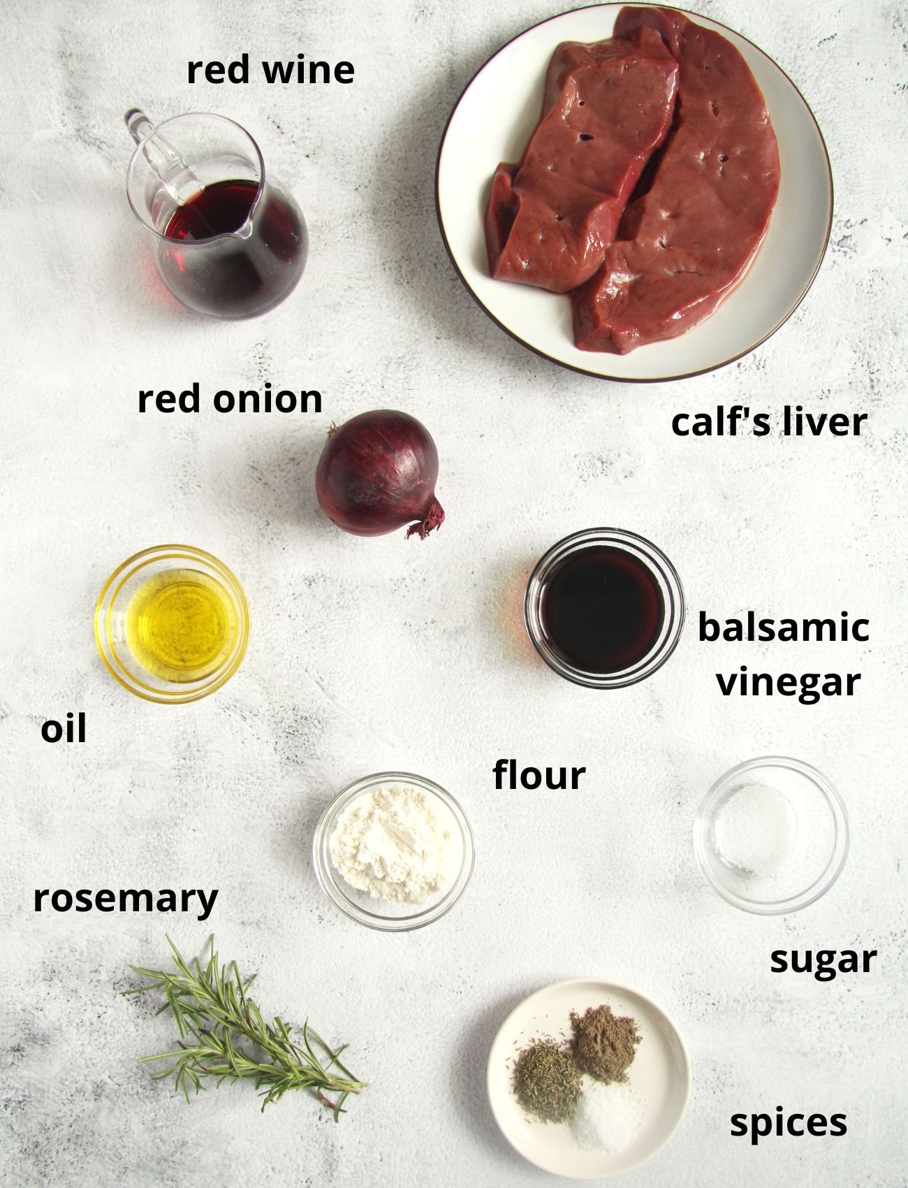 listed ingredients for cooking liver with onions and balsamic vinegar.