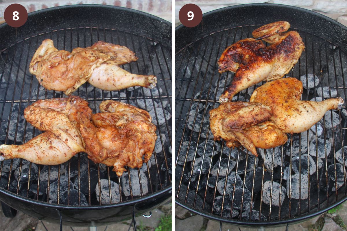 collage of two pictures of chicken halves being cooked on a weber grill.