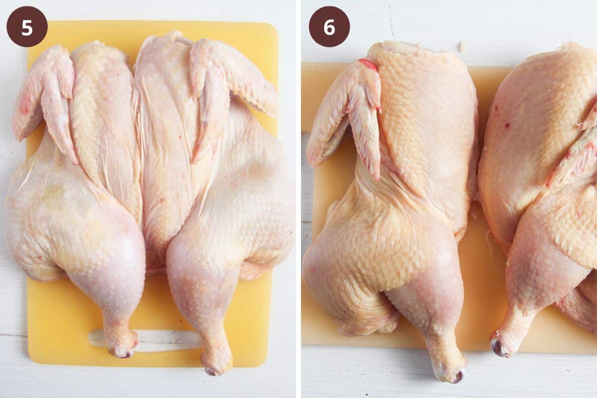 collage of two pictures of flattened chicken and then cut in two halves.