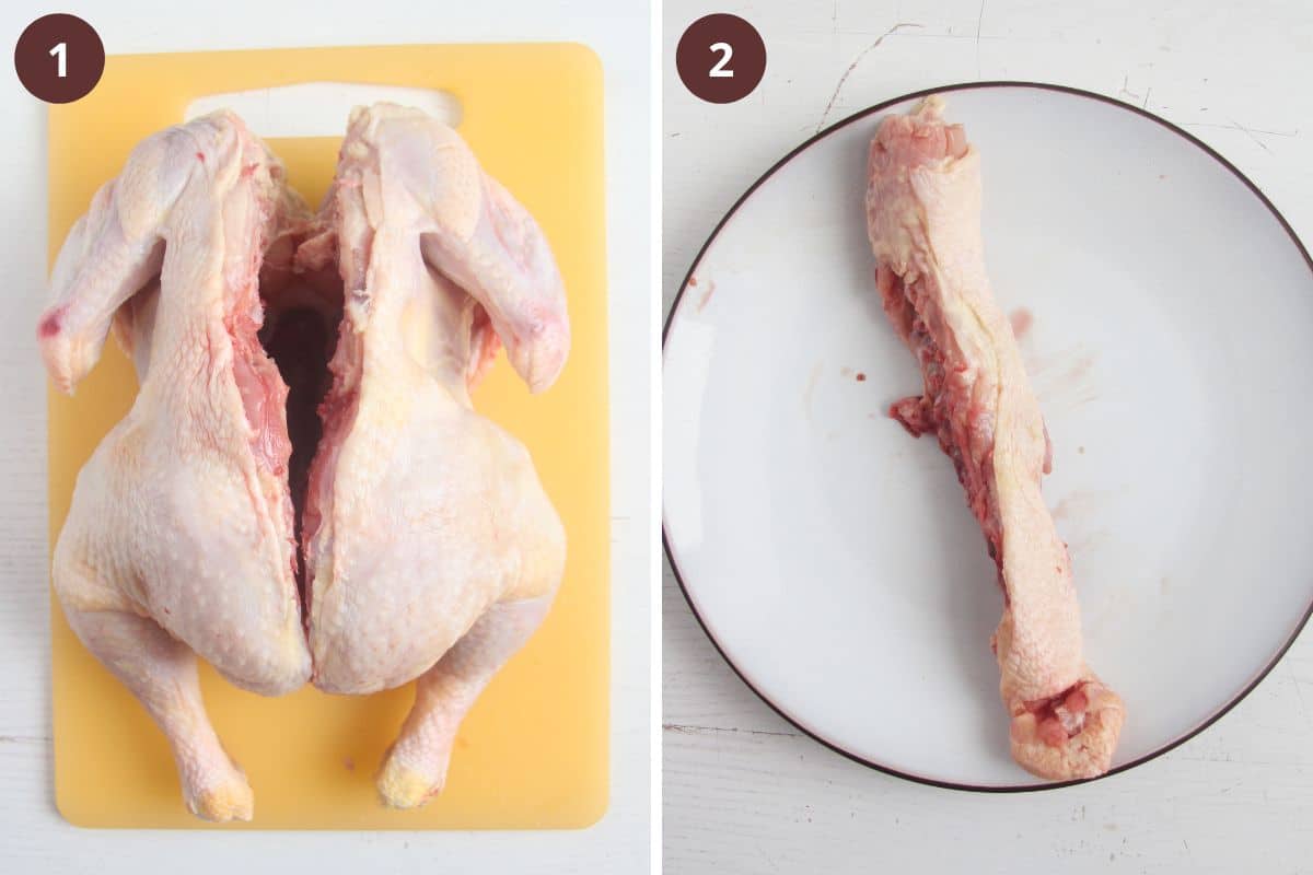 collage of two pictures of removing the backbone from a whole chicken.