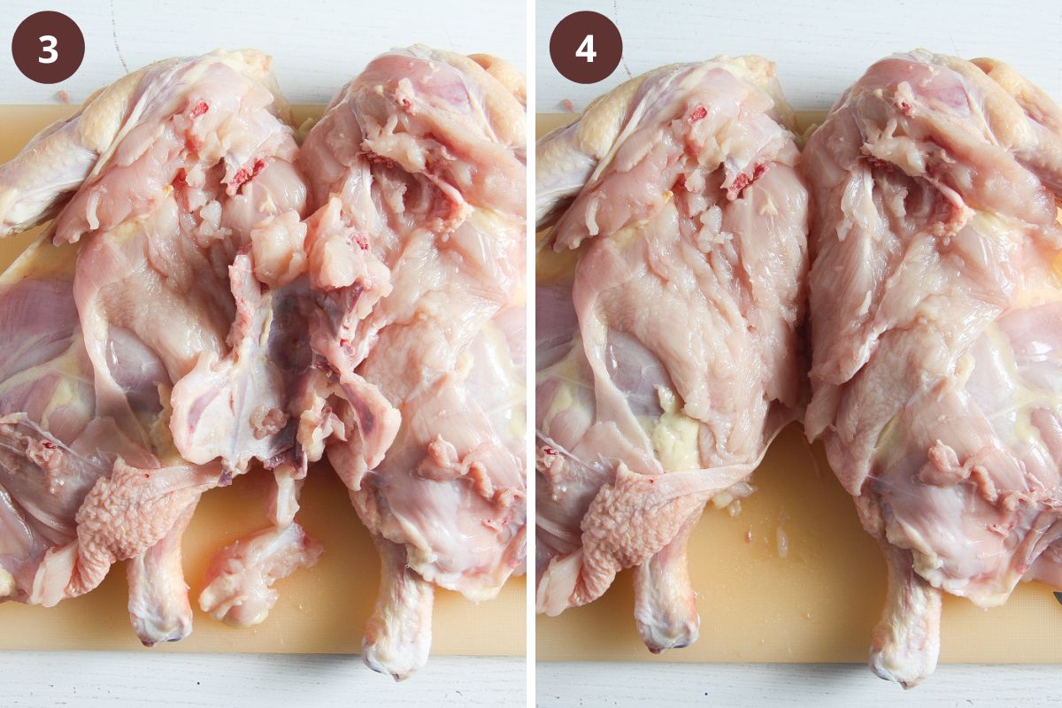 collage of two pictures of removing cartilage from chicken.