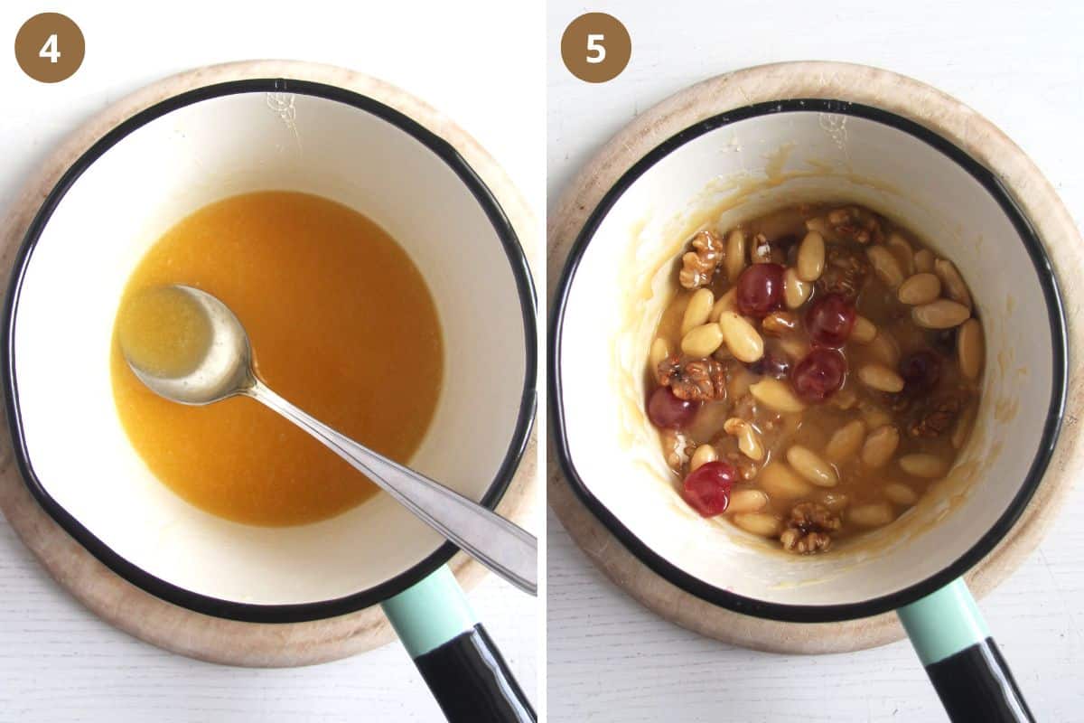 collage of two pictures of melting golden syrup with butter and adding nuts.