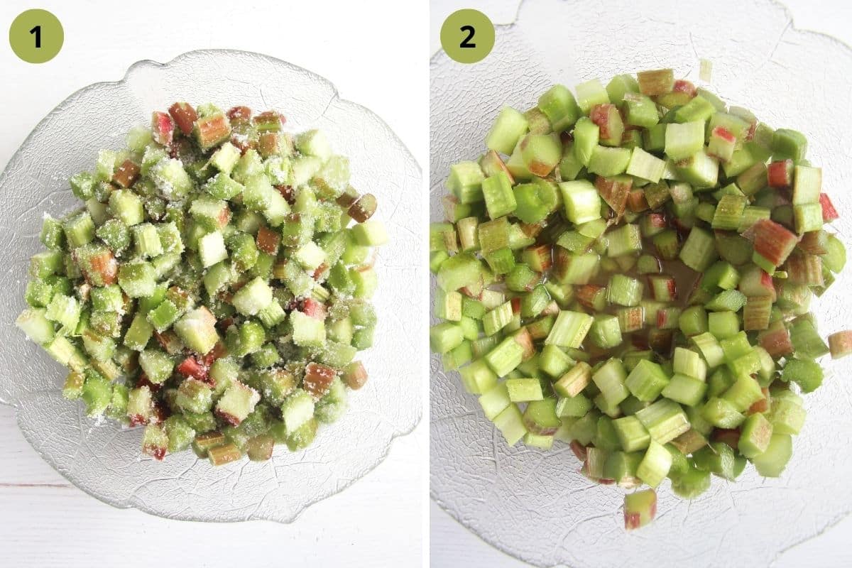 collage of two pictures of chopped rhubarb mixed with sugar in a large bowl.