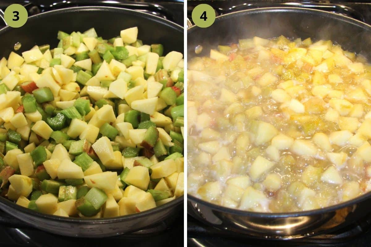 collage of two pictures of stewing apples and rhubarb in a large pot.