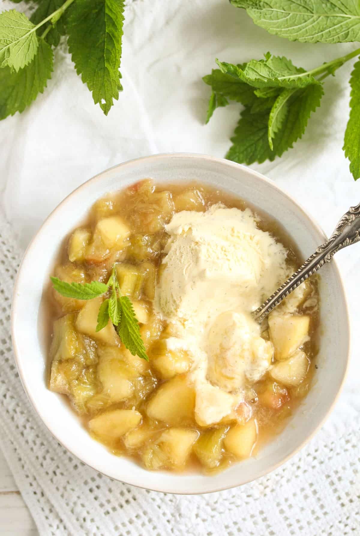 bowl with rhubarb and apples stew served with melting vanilla ice cream.