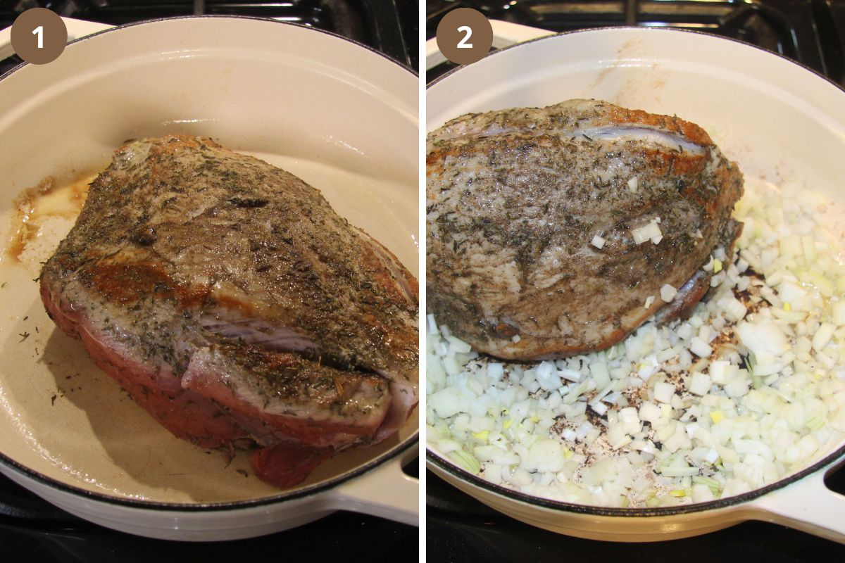 collage of two pictures of browning a piece of roast and onions in a white dutch oven.