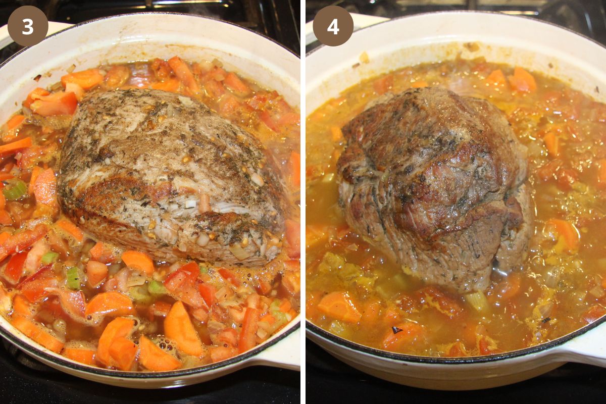 collage of two pictures of cooking veal in vegetable sauce in a pot.