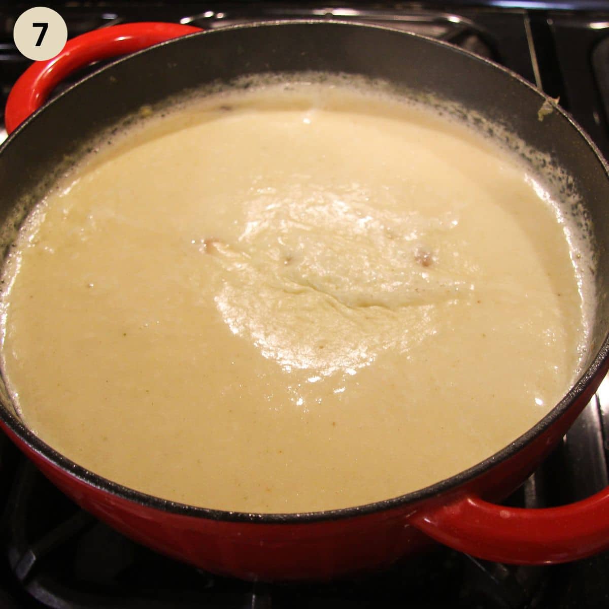 blended german white asparagus soup in a pot.