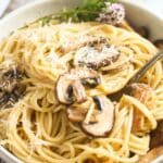 pinterest image for spaghetti with mushrooms and truffles.