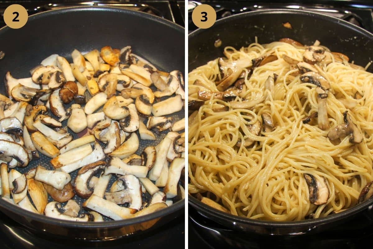 collage of two pictures of frying mushrooms in a pan and then adding spaghetti.
