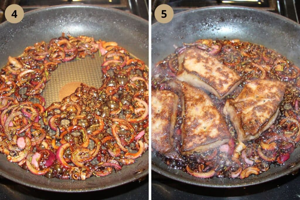 collage of two pictures of caramelizing onions and frying liver pieces.