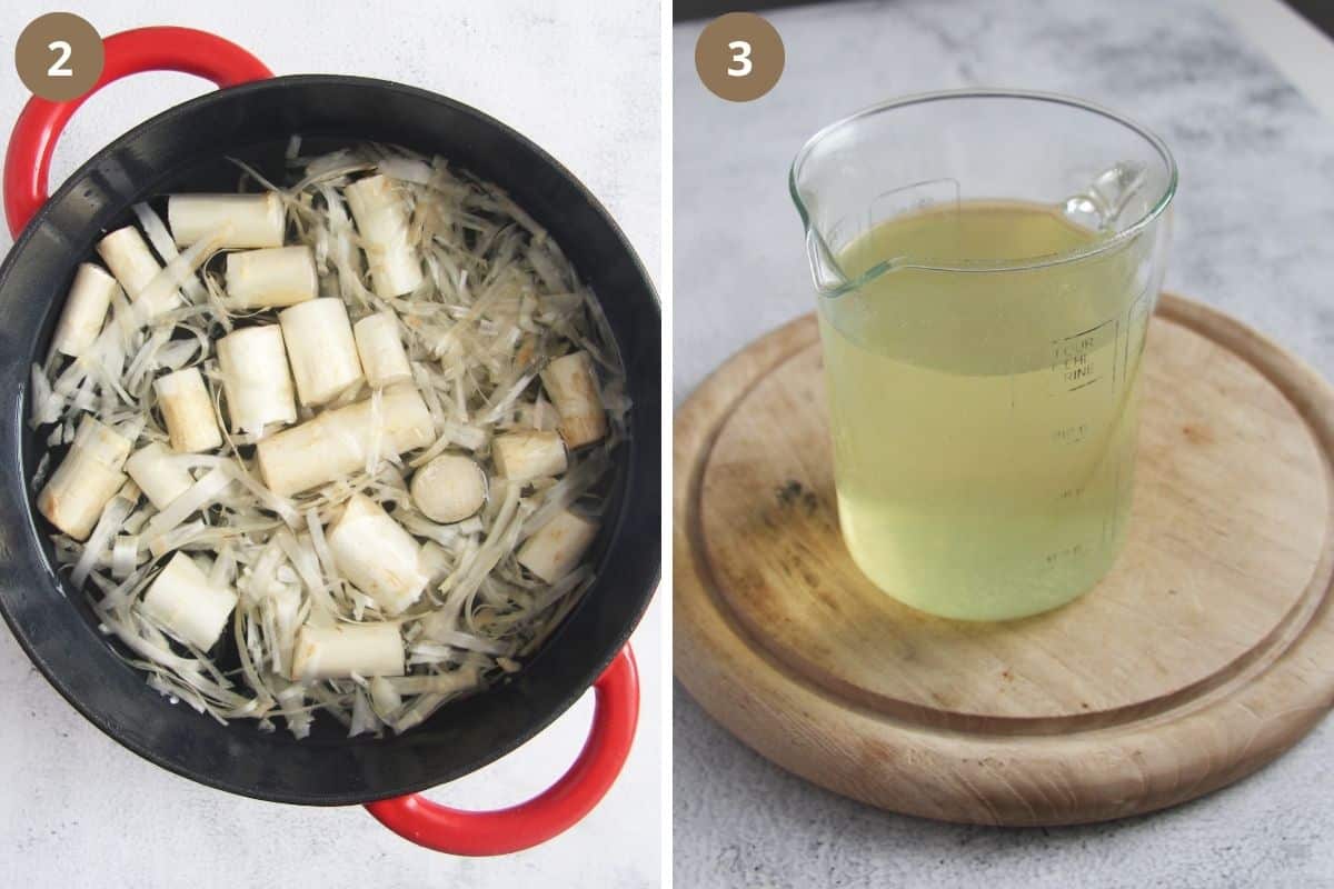 collage of two pictures of cooking white asparagus pieces in water and then the broth in a jug.