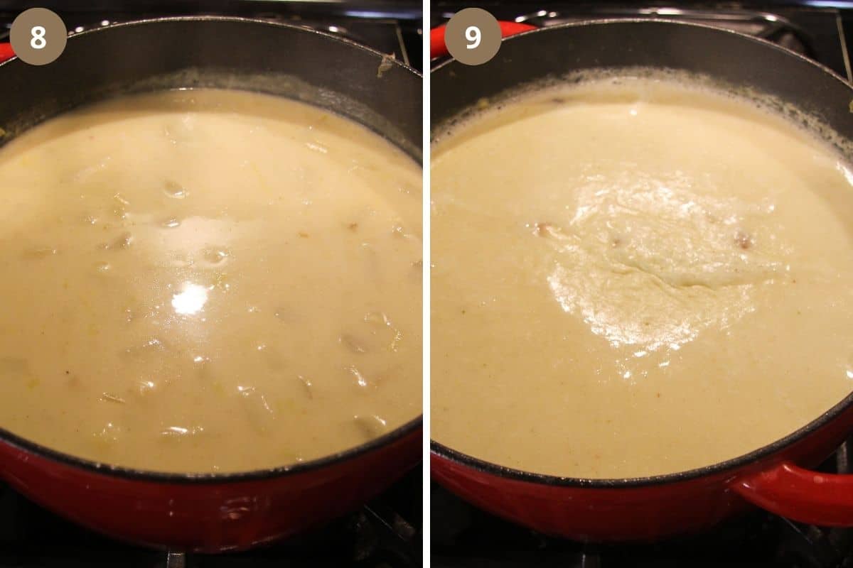 collage of two pictures of cooking and blending soup in a pot.