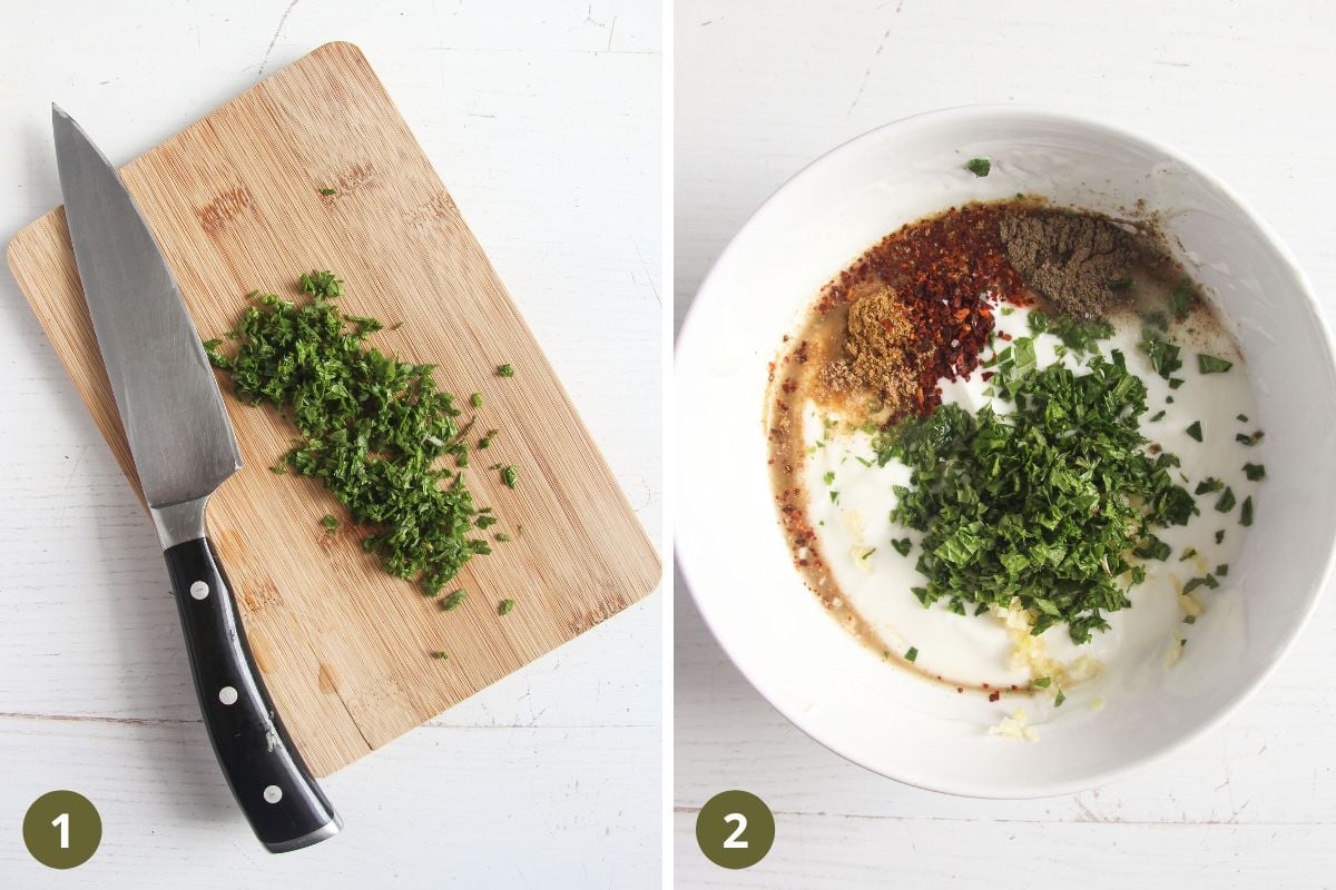 collage of two pictures of chopping mint and then mixing it yogurt and spices.