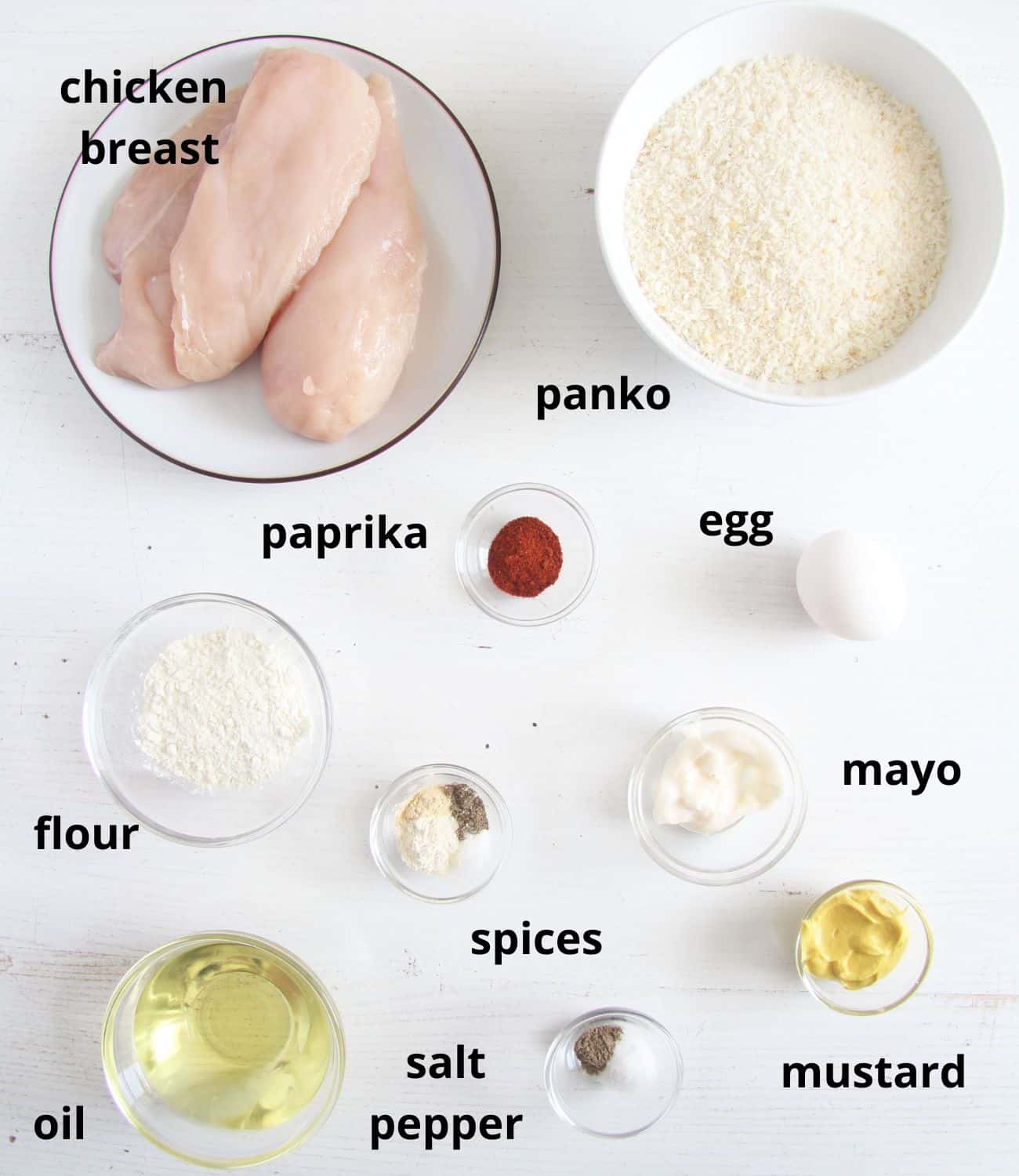 listed ingredients for air frying chicken breast with panko.