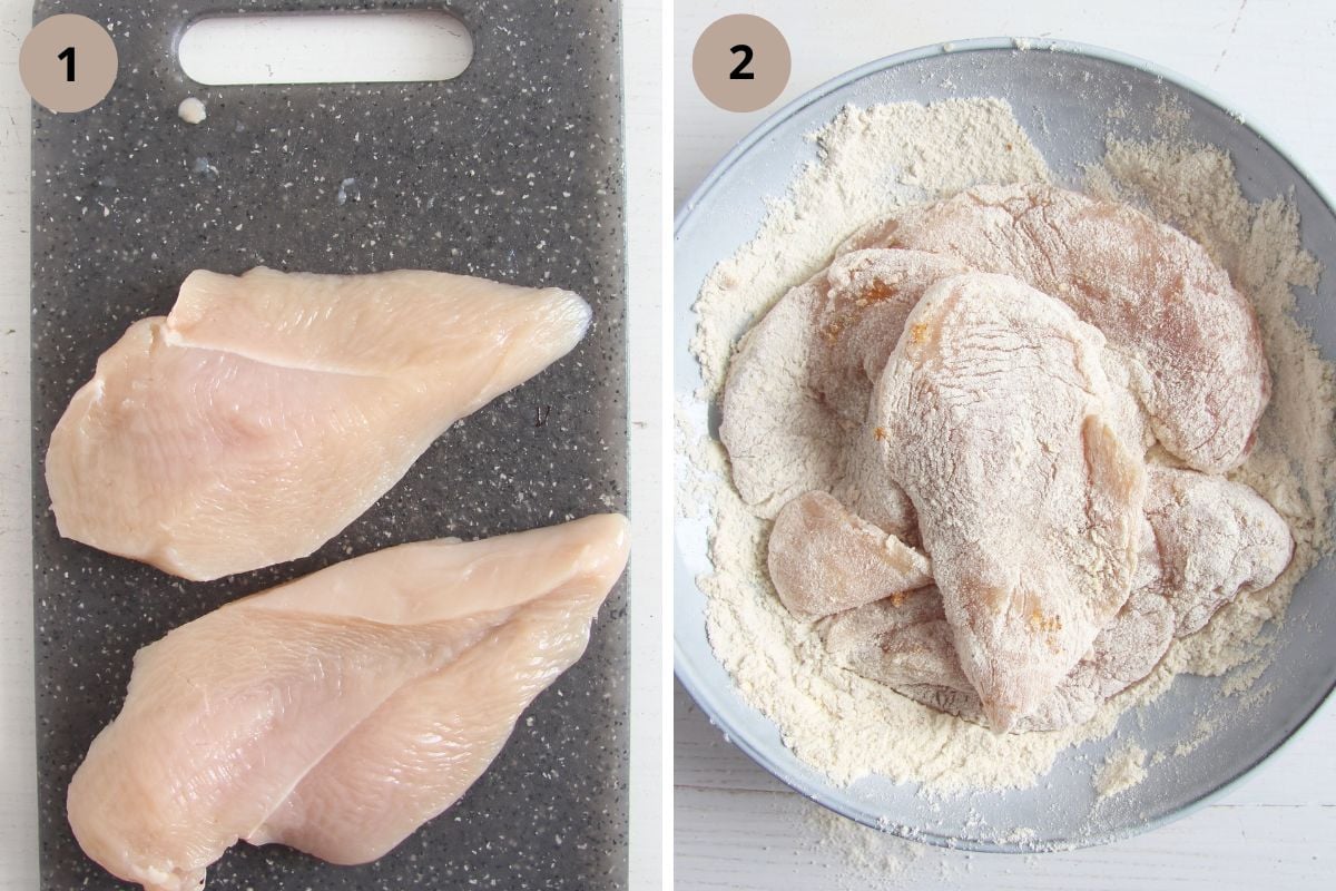 collage of two pictures of raw chicken breast on a board and then coated with flour.
