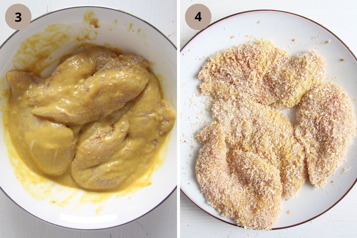 collage of two pictures of coating chicken pieces in mustard and then breading.