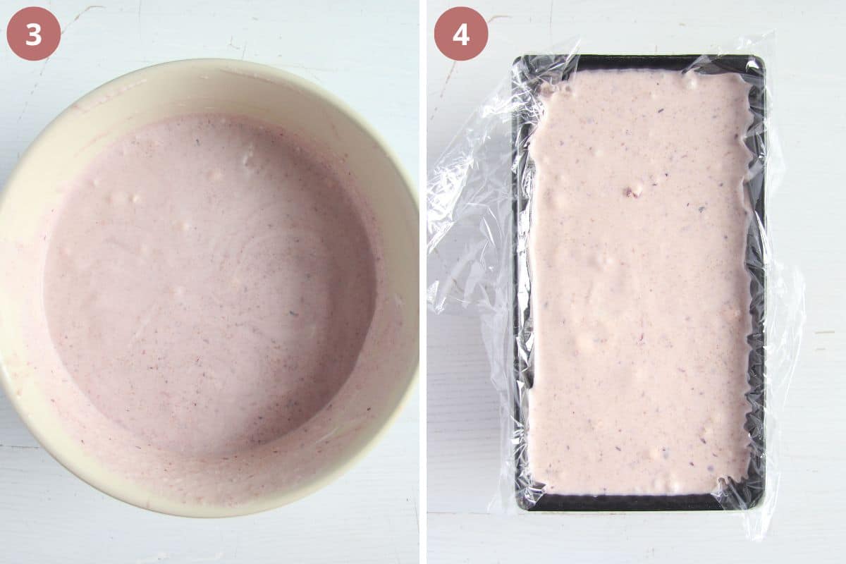 collage of two pictures of ice cream mixture in a bowl and then in a dish ready for freezing.