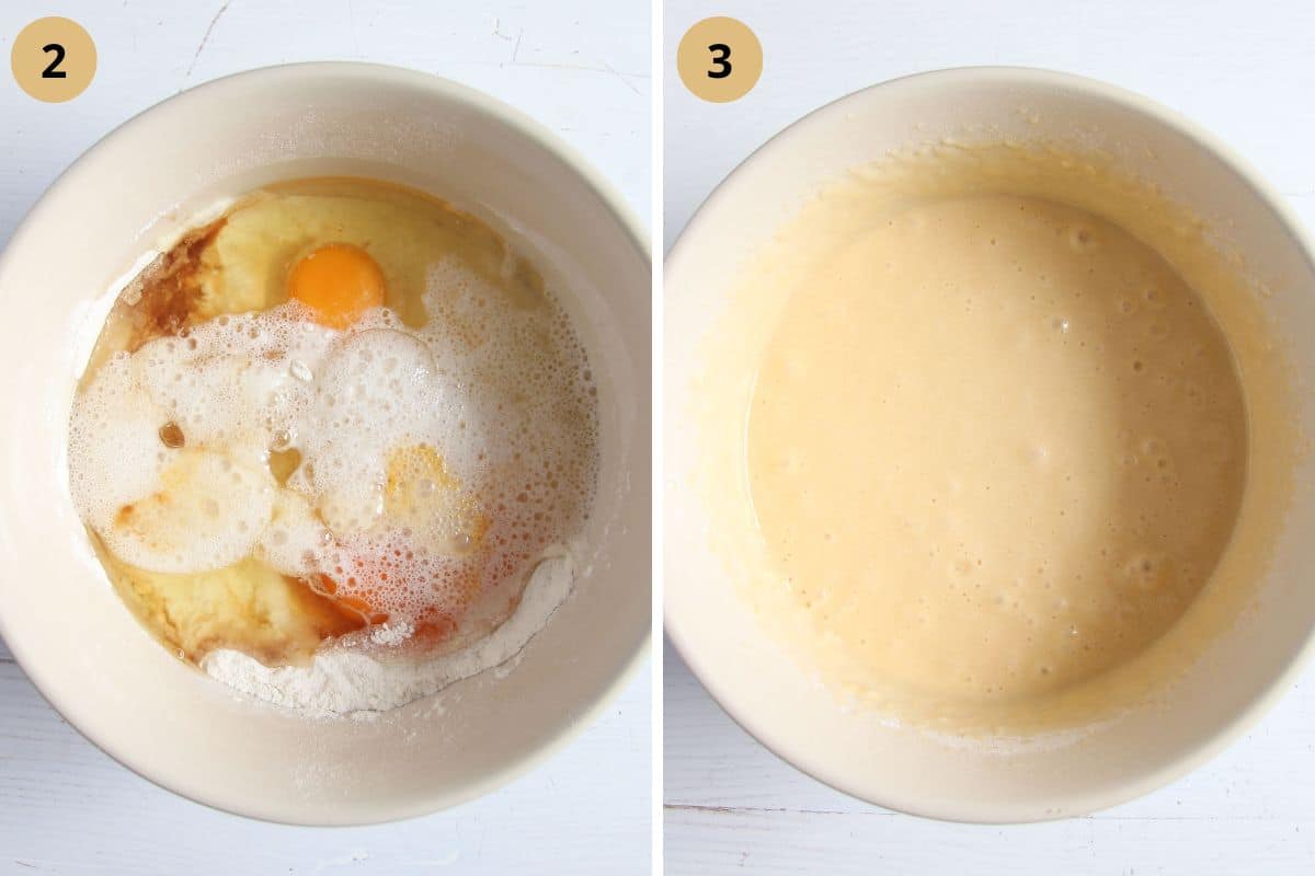 collage of two pictures of stirring cake ingredients in a bowl.