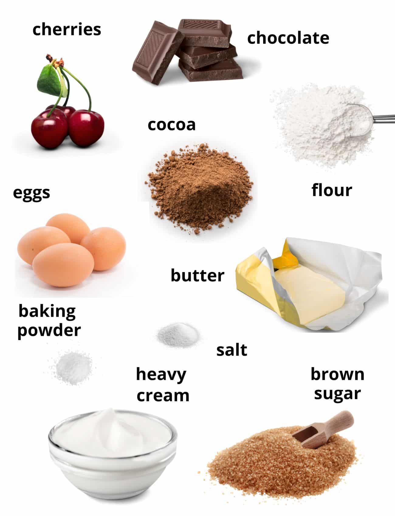 ingredients for making cherry brownies with chocolate.