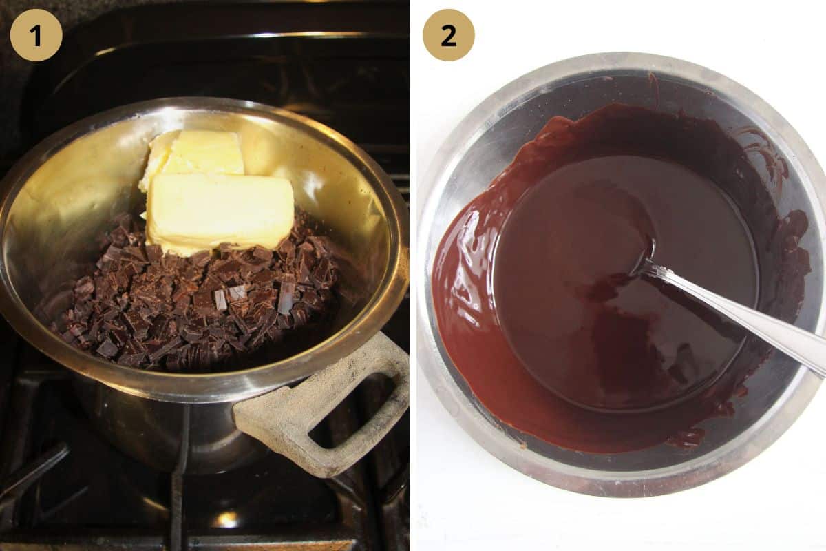 collage of two pictures of melting chocolate and butter in a pot.