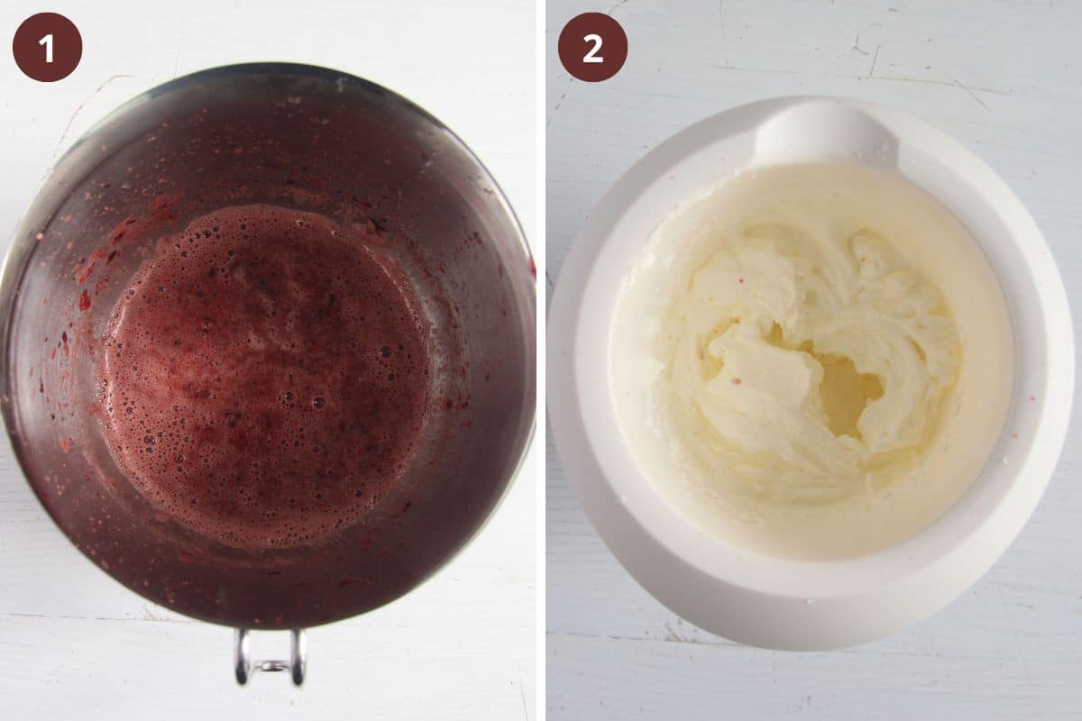 collage of two pictures of blended fresh cherry in a bowl and whipped cream in another bowl.