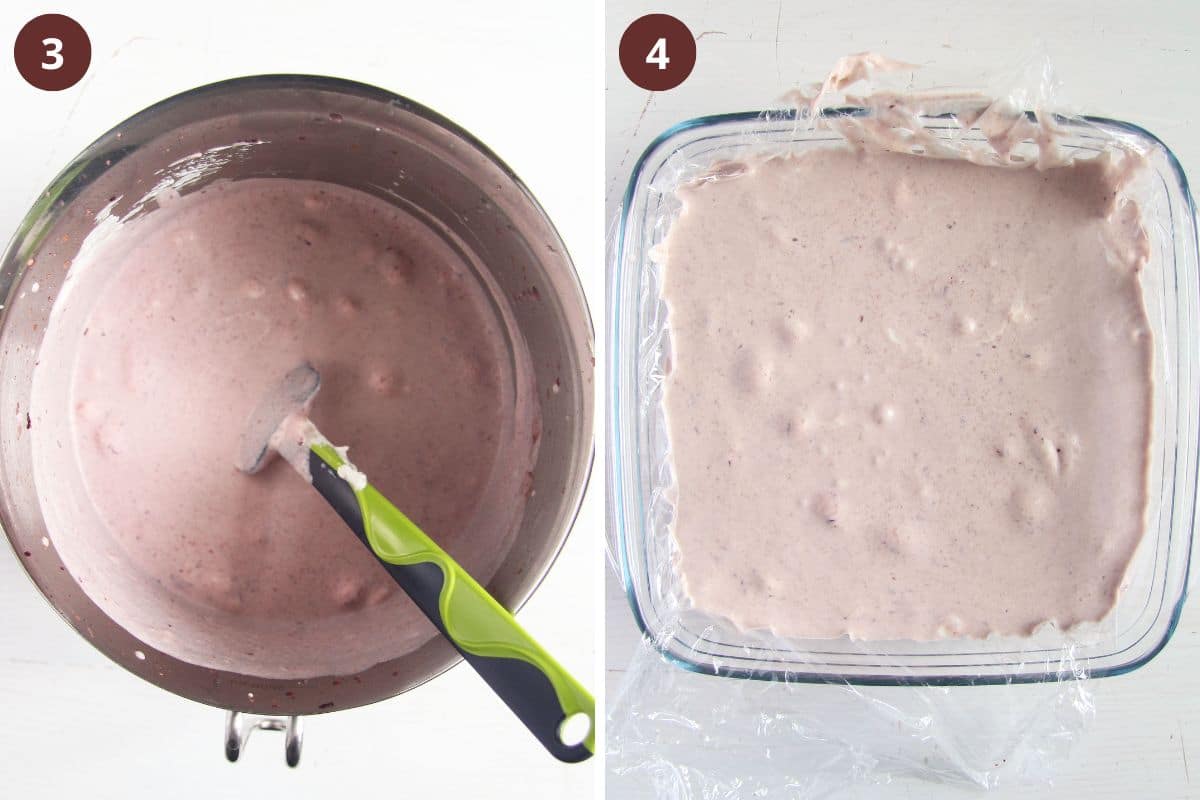 collage of two pictures of mixing ingredients for making cherry ice cream.