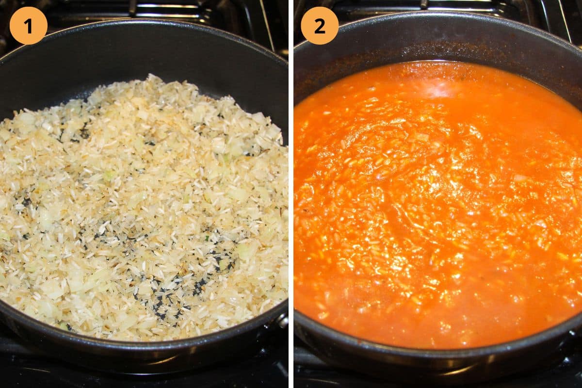 collage of two pictures of frying raw rice in a pan and adding the liquids.