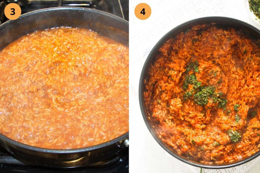 collage of two pictures of rice in a pan during and after cooking.