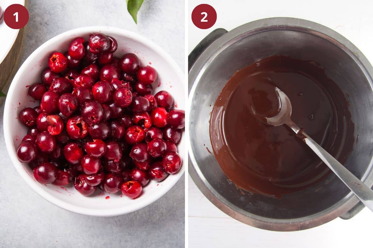 collage of two pictures of pitted cherries and melted chocolate.
