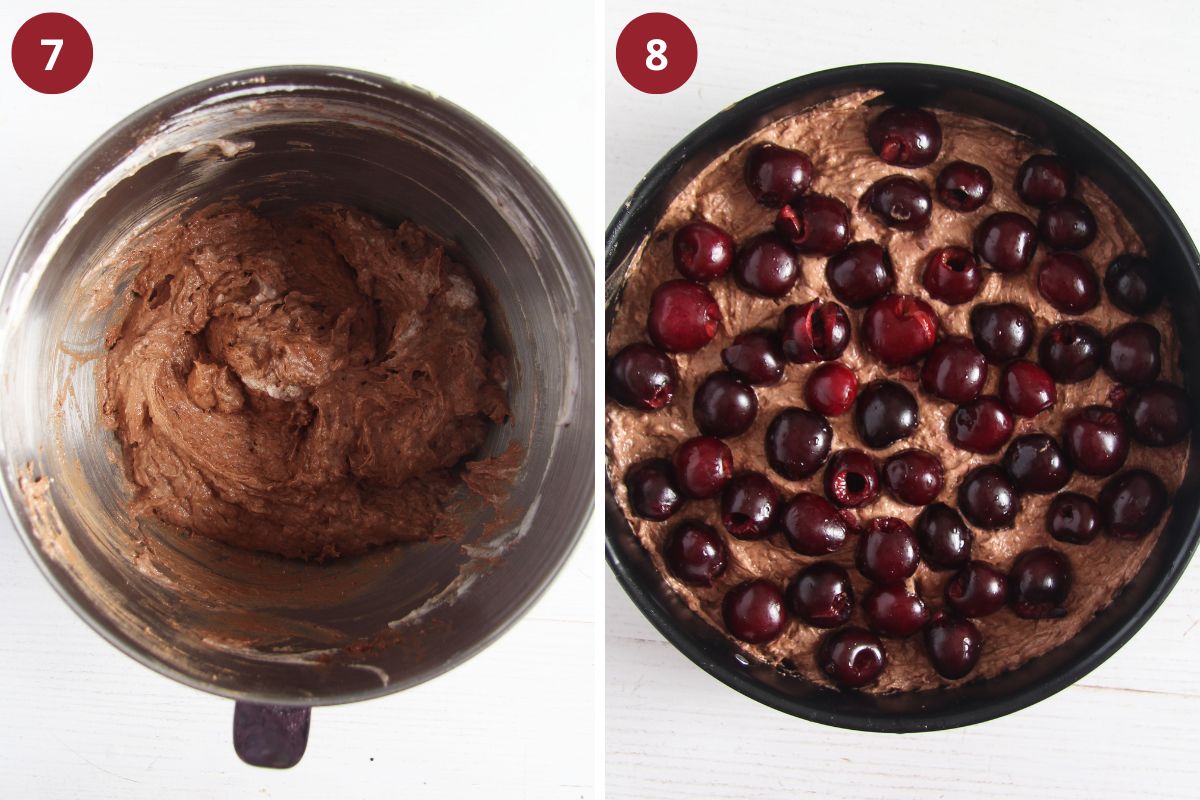 collage of two pictures of cake batter in a bowl and in a pan topped with cherries.