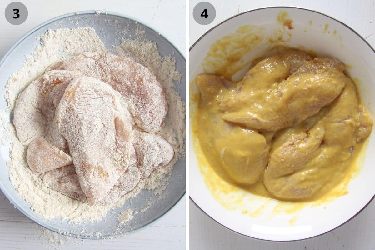 collage of two pictures of flouring and then coating chicken breast before breading.