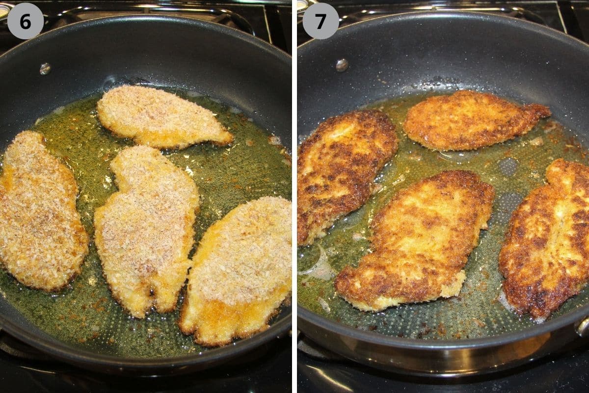 collage of two pictures of frying breaded chicken pieces in oil.