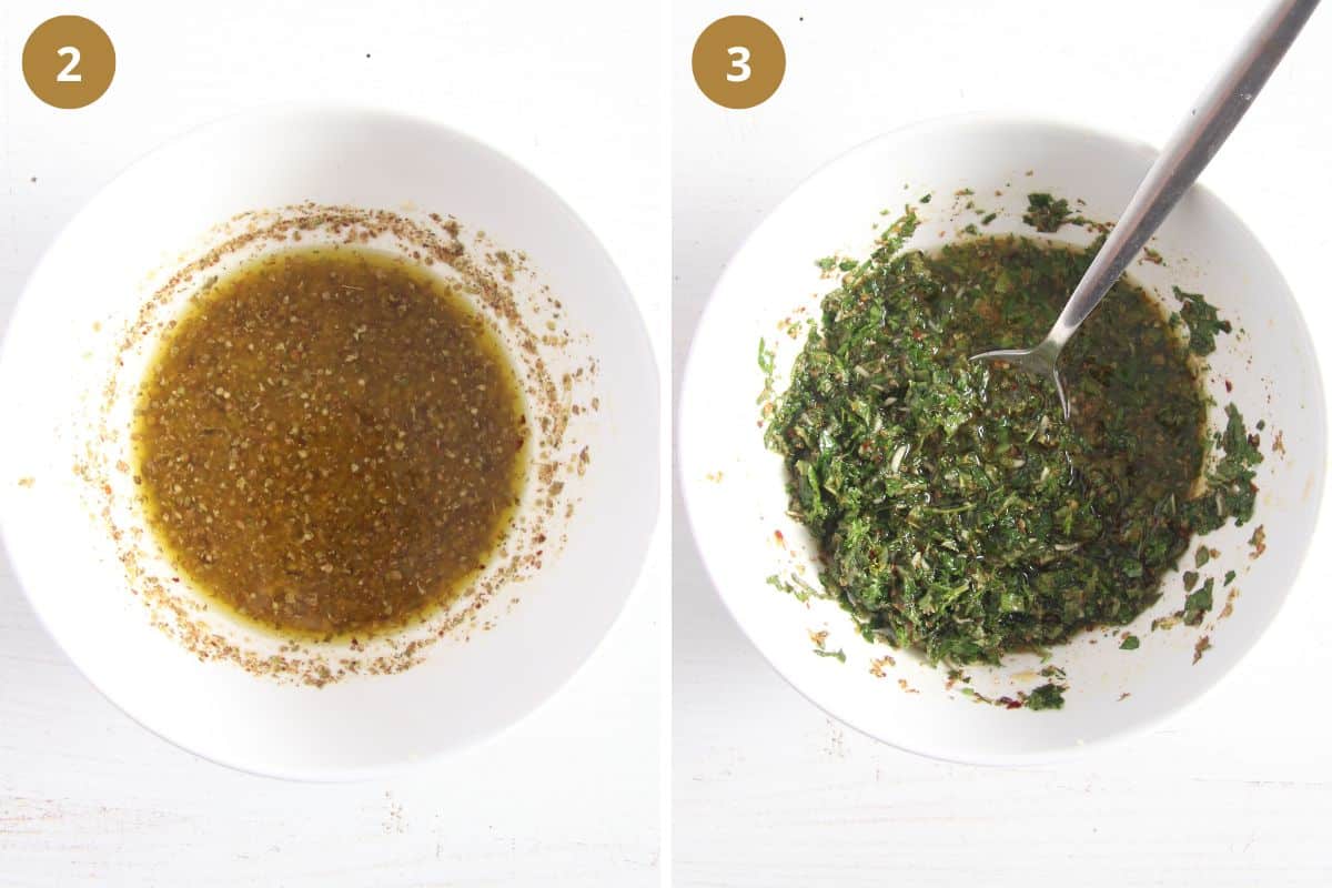 collage of two pictures of stirring the ingreidients for making mint chimichurri.
