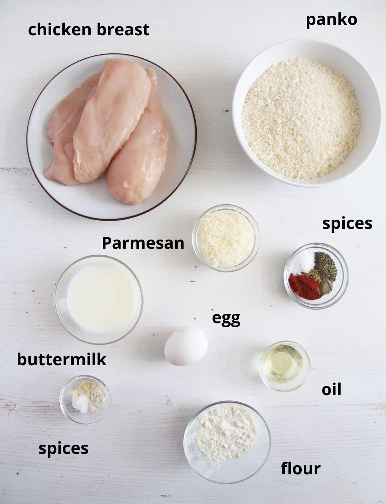 listed ingredients for baking chicken breast crusted with panko breadcrumbs.