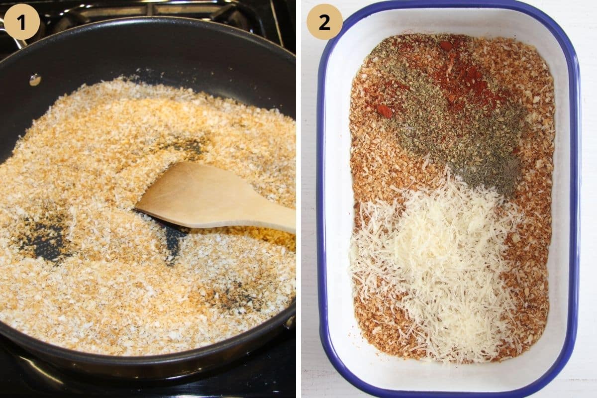 collage of two pictures of frying panko in a pan and then mixing it with parmesan and spices.