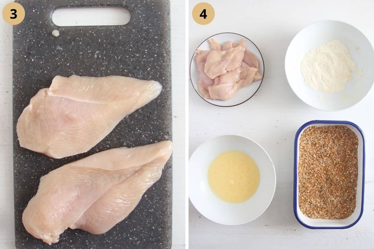 collage of two pictures of butterflied chicken breast and breading station.