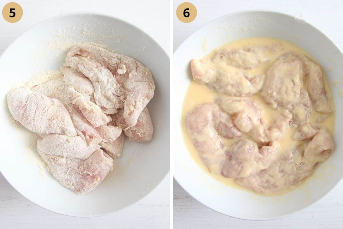 collage of two pictures of flouring and then coating chicken breast with buttermilk and egg.