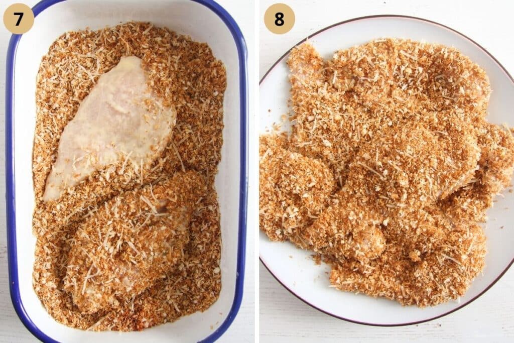 collage of two pictures of breading chicken in a dish and then on a plate.